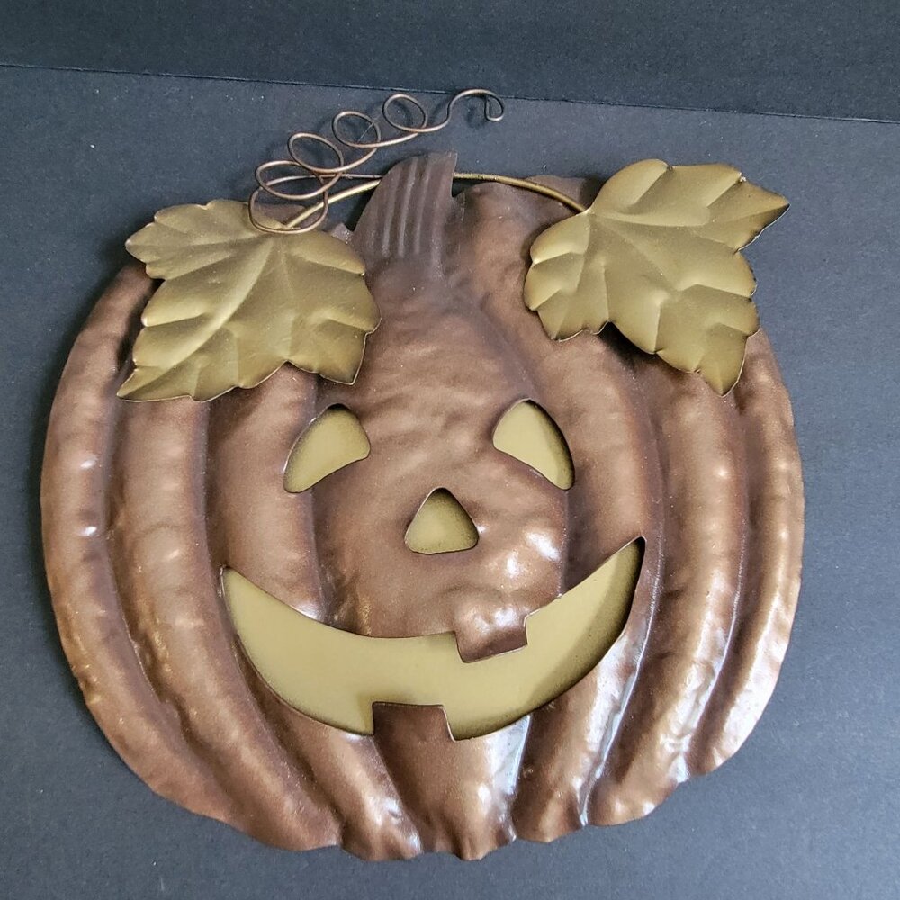 Metal Pumpkin Wall Art With Leaf Accents & Rustic Finish - 12" x 9"